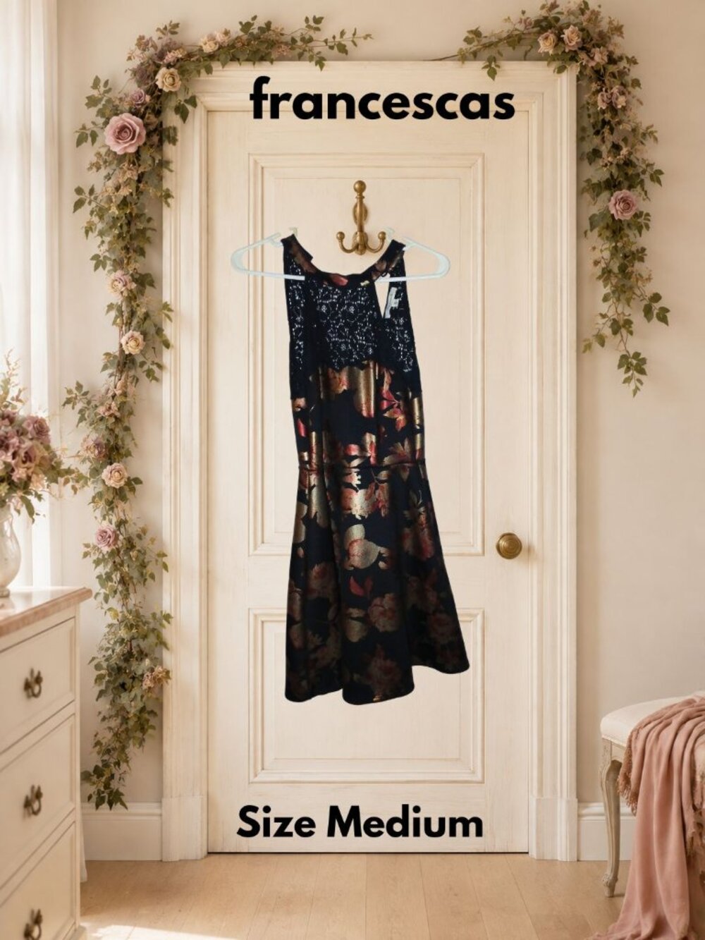Francesca’s Lace Halter Dress Black & Gold Shiny Metallic Floral Women's Medium
